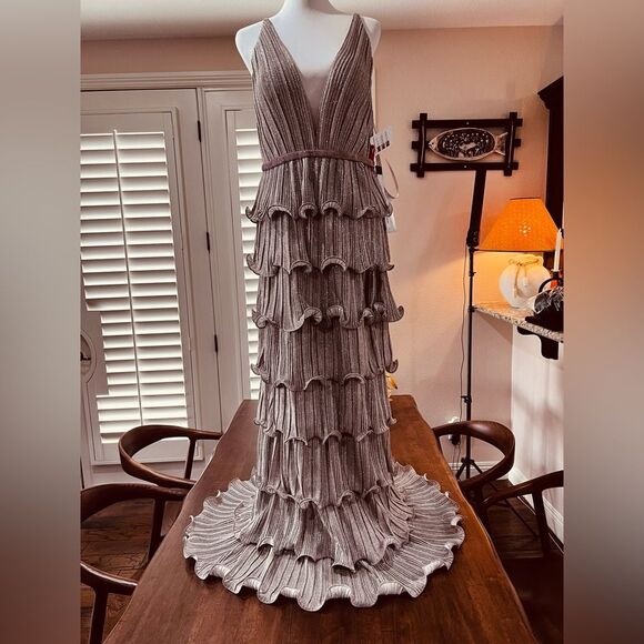 IEENA for Mac Duggal Rose Pink Glitter Tiered Convertible Gown Crinkle Sz 10 NWT - Picture 4 of 12